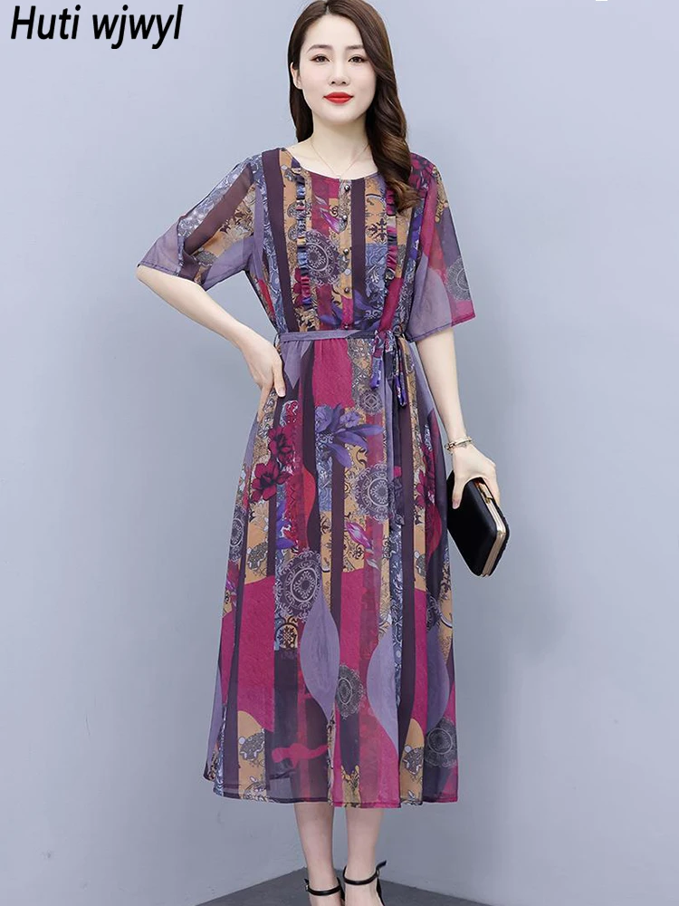 

Summer Floral Silk Short Sleeve Casual Long Dress Women Elegant Chic Prom Clothes 2023 Korean Bodycon Bandage Runway Party Dress