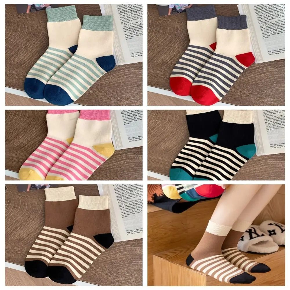 

Japanese Stripe Socks Casual Cotton Harajuku Middle Tube Socks Short Socks Knitting Patchwork Color Socks Female
