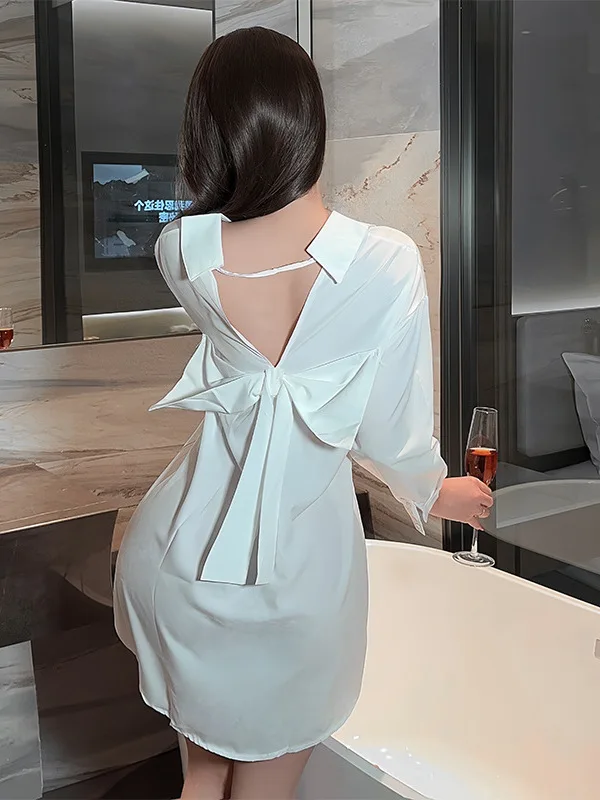 

Пикантное нижнее белье, женское платье, бойфренд, чистый желаемый стиль, белая рубашка, пижама с бантом на спине, универсальная Пижама 739 XS0W