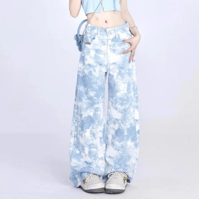 Vintage Denim Wide Leg High Waist Pants With Zipper Details In Blue For Autumn Fall main image 1