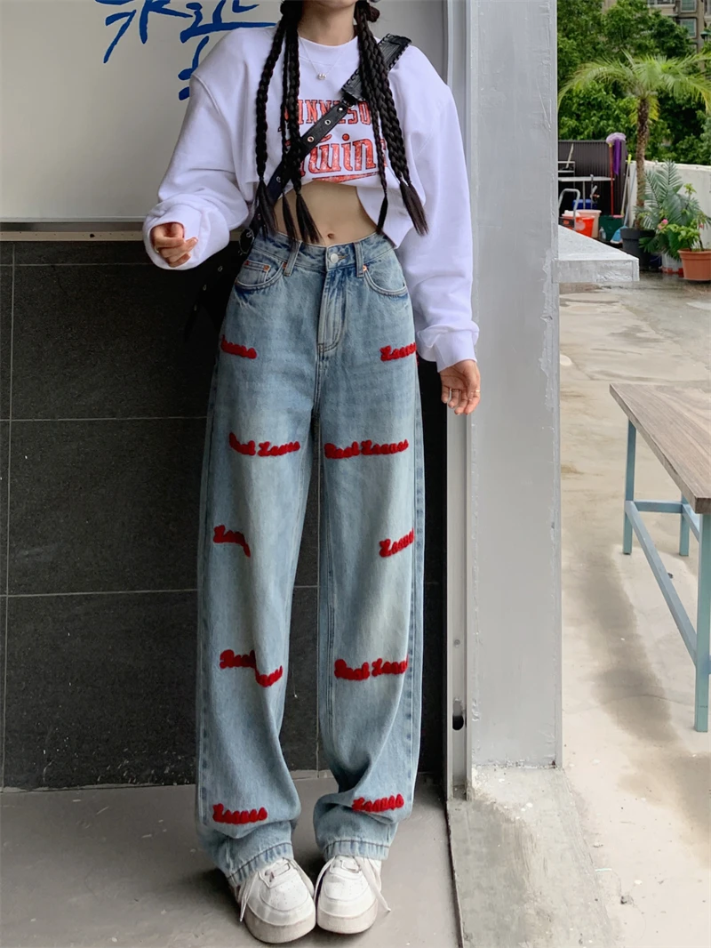 

Letters Embroidery Denim Pants Women High Waist Long Trousers Loose Casual Vintage Designer Pants Pockets Y2K Streetwear Blue