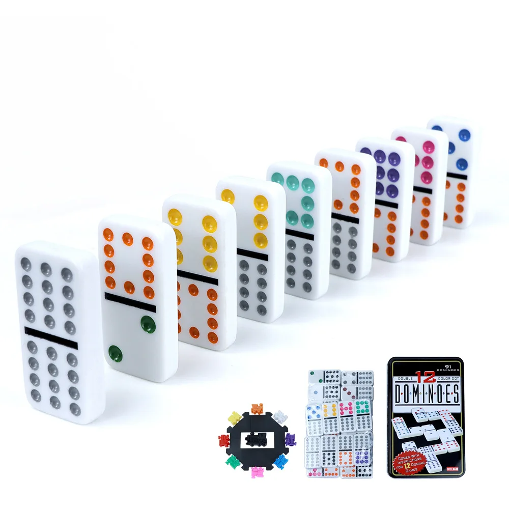 Mexican Train Dominoes 12 Double Twelve Dominoes Set for Adults Metal Box 91 Domino Pieces 2-8 Players Family Travel Board Game