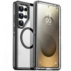 Premium Tough Matte Anti - Slip Case with Magnetic Wireless Charging Protector Cover - Galaxy S23 Ultra (Black White)