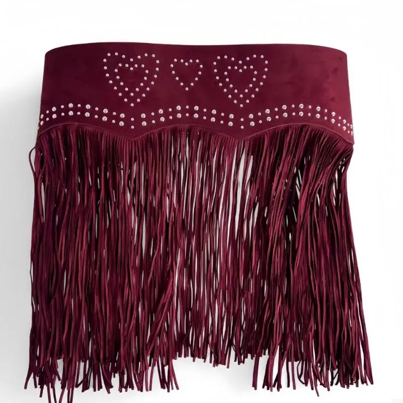 Cintura in da donna con frange western, cintura con gonna ampia con doppie fibbie in rosso vino opaco morbido per look da - immagine 3