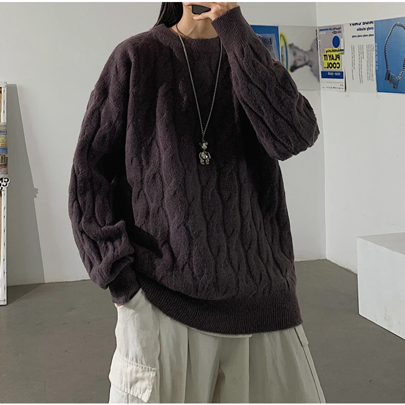 

MrGB Couple Retro Sweater Loose Style Men Autumn Winter Round Neck Knitted Pullovers Warm Thicken Male Solid Color Knittwear