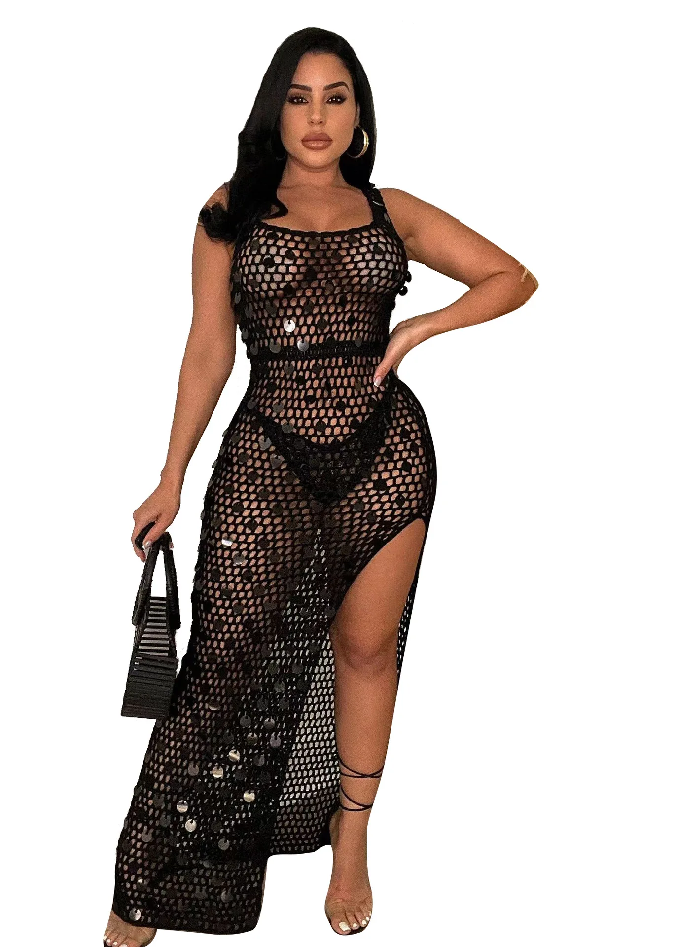Kendny Robe longue en tricot côtelé à paillettes pour femmes évider voir à travers le maillot de bain couverture de vêtements de plage en club robes maxi sexy robe Y2K 2023 8
