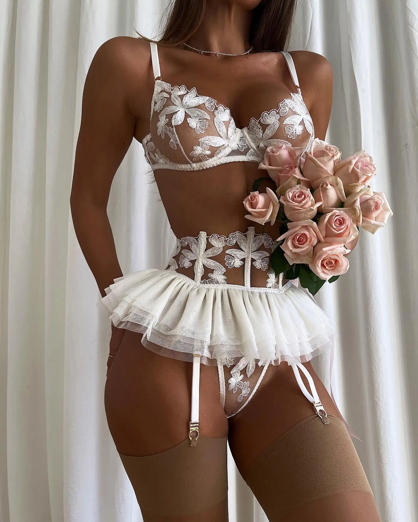 Flower Embroidered Bra Thong 3Pcs Sets Women Lingerie