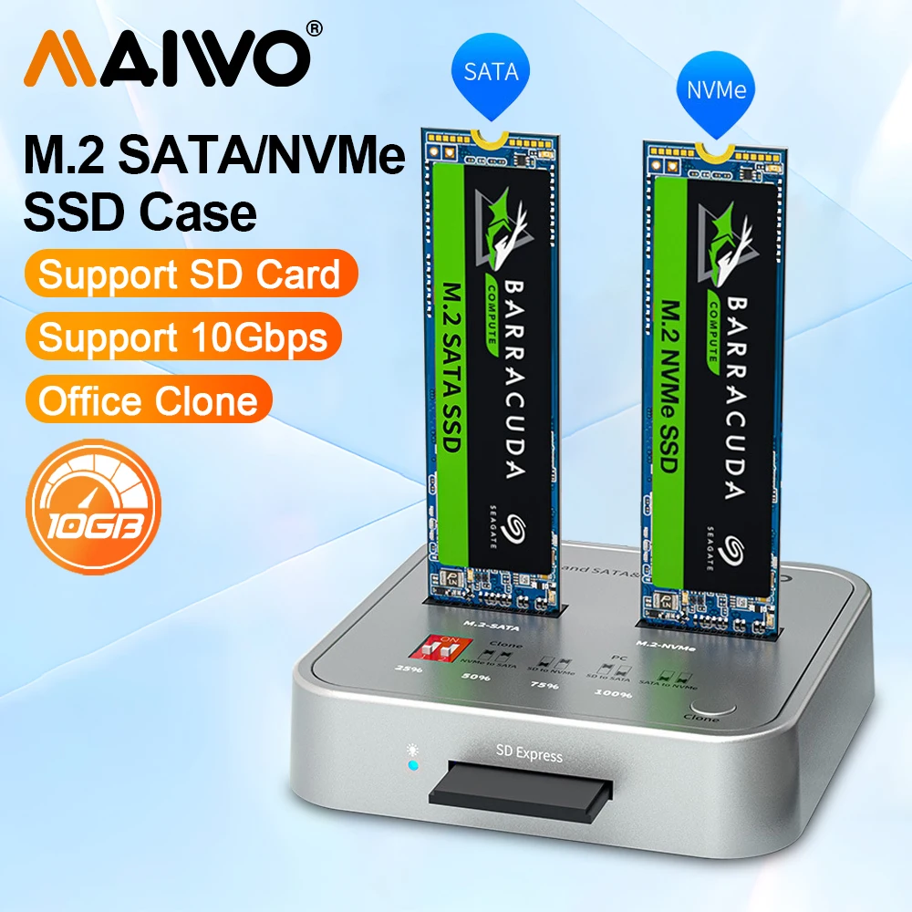 

MAIWO M.2 NVMe/SATA Case M.2 SSD Docking Station USB3.1 GEN2 10Gbps M2 Solid State Drive Duplicator Cloner SD Card Reader for PC