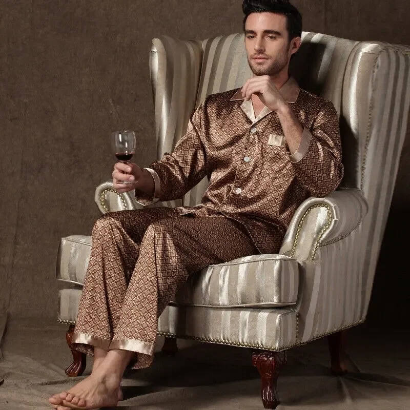 2026 High Quality Vintage Style Luxury Pajama Set for Men Spring Satin Long-sleeved Sleepwear Pajamas Pyjama Pijamas for Men Pjs