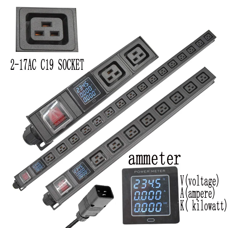 

PDU power strip network cabinet rack C19 socket with ammeter 2-17 AC2 meter extension cable socket UK/EU/US/C14/C20 plug socket