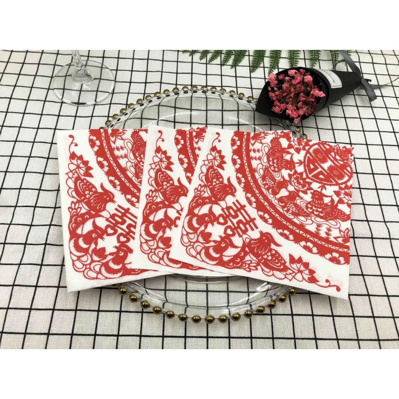 Colourful Printed Napkins Chinese Paper Cutting Joyful Printed Paper Placemats Wedding Festival Square Facial Tissues 20pcs/pac