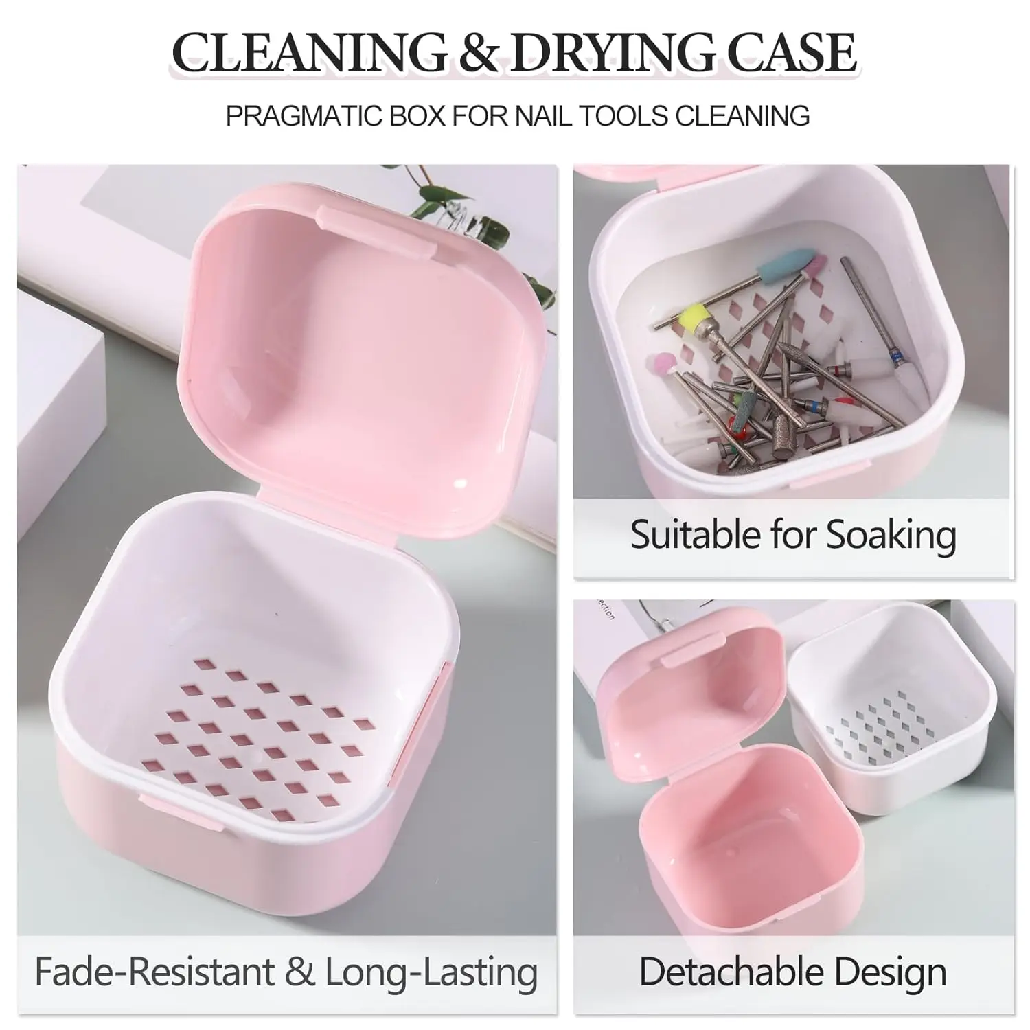 Contenitore Sterilizzatore per Strumenti per Unghie in Plastica, Contenitore per Pulizia e Disinfezione delle Punte per Trapano per Unghie con Cestello e Vassoio per Immersione, Custodia per Salone di Manicure - immagine 3