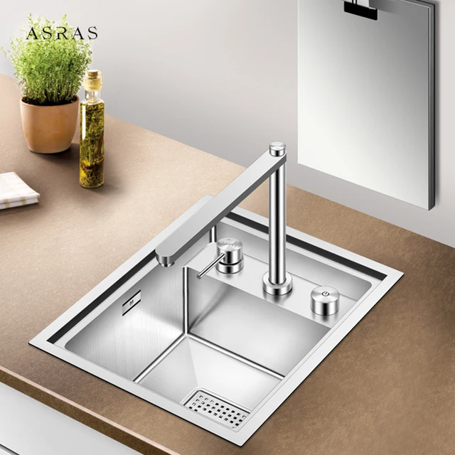 ASRAS ขนาดเล็กฝาครอบซ่อนเคาน์เตอร์บาร์เกาะอ่างล้างจาน SUS 304 สแตนเลส 4 มม.ความหนา Handmade แปรงอ่างล้างจาน 1