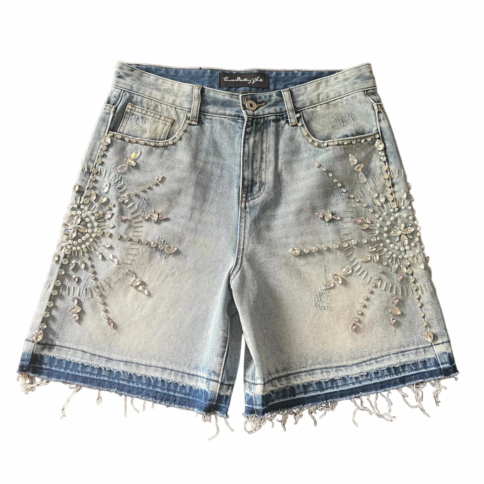 Retro Gothic Y2k Sweatpants Oversized Iron Diamond Pattern Denim Shorts for Men Hip Hop Punk Low Waist Gym Shorts Streetwear