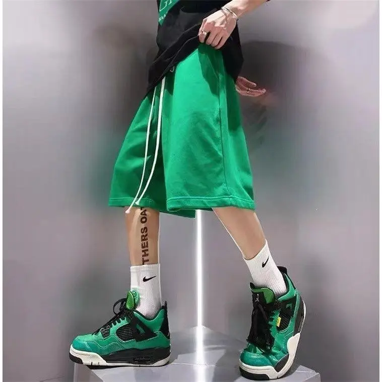 Ins Style Streetwear Summer Men Casual Shorts Cargo Cotton Knee Length Poppin Loose Trouser Male Drawstring Plain Lounge Shorts