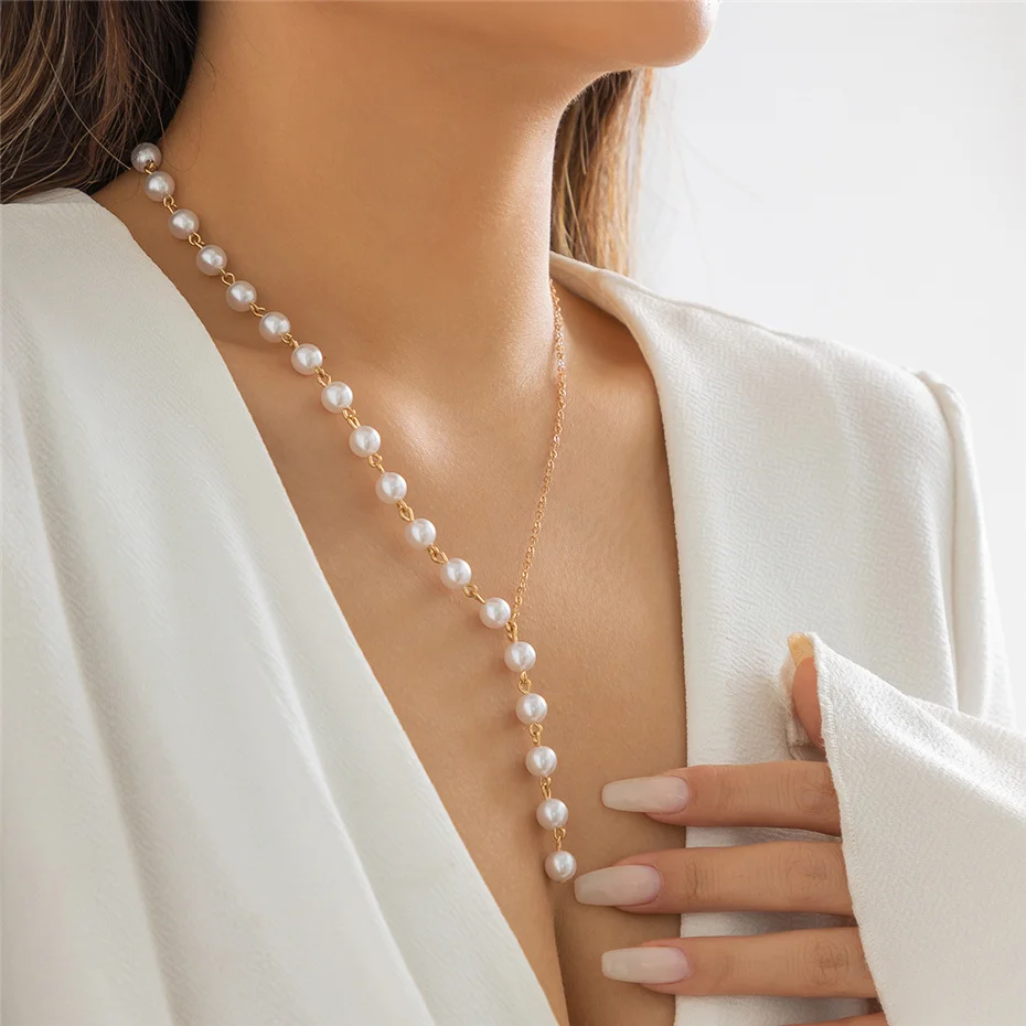 Ingemark Elegante Asymmetrische Imitation Perle Brust Kette Halskette Frauen Mi Braut Kpop Perle Lange Halsband Zubehör Schmuck Neue – Detail 16