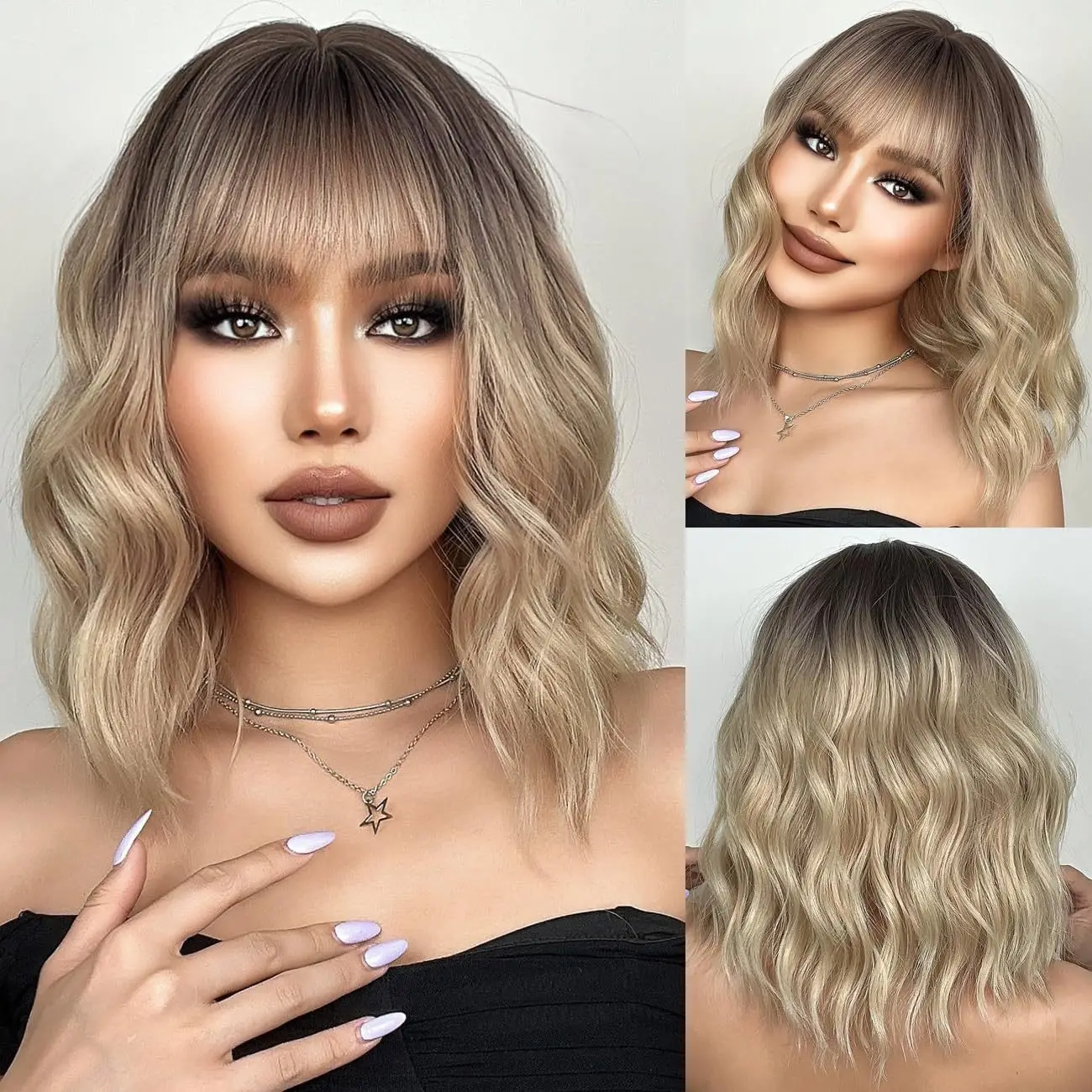 

Wavy Bob with Bangs, Chic Ombre, Black to Blonde, Premium Quality, Effortlessly Stylish, Medium Length Wig!