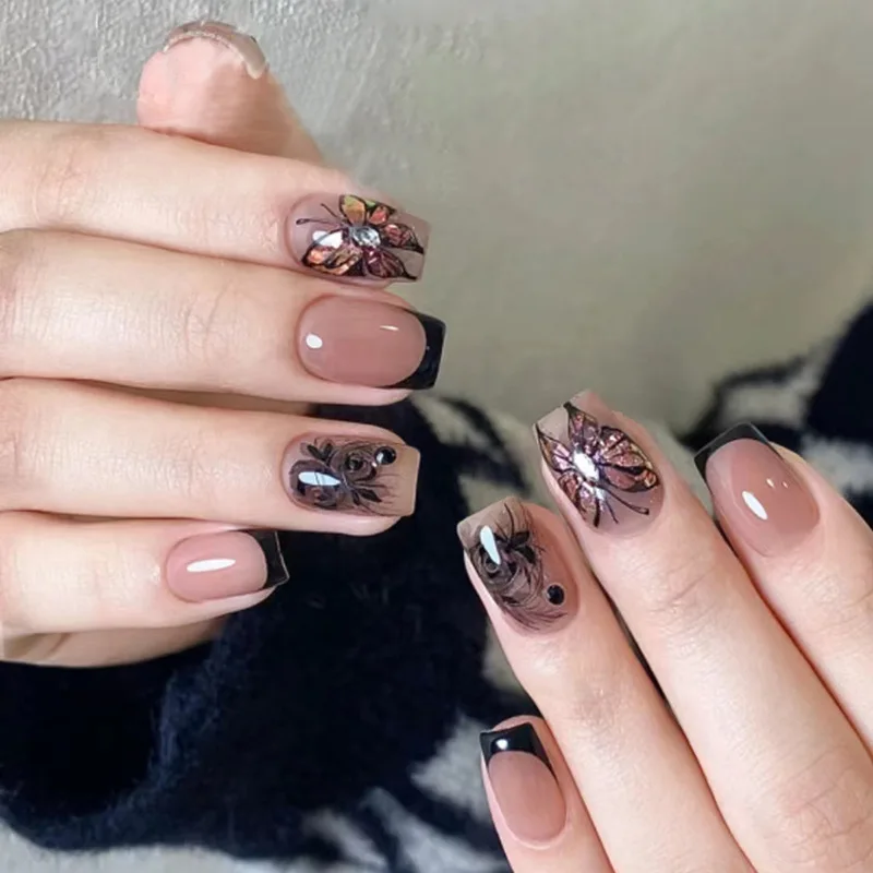Short Square False Fake Nails 24Pcs Jelly Adhesive Glitter Gradient Design Detachable Full Cover Press on Nails