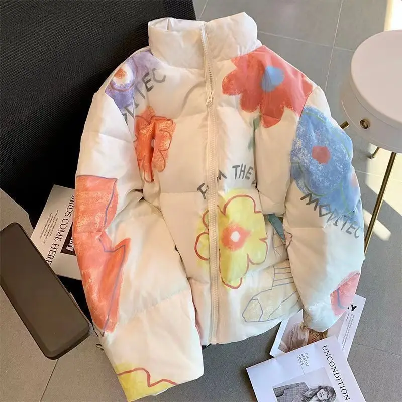 Teen Women's Winter Hand-Painted Flower Puffer Jacket - true deals club