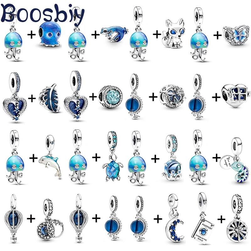 

2Pc/lot Blue Jellyfish &Globe & Starry Sky Bead W/ Pendant Fit DIY Brand Charm Bracelet & Necklace For Women Jewelry Making Gift