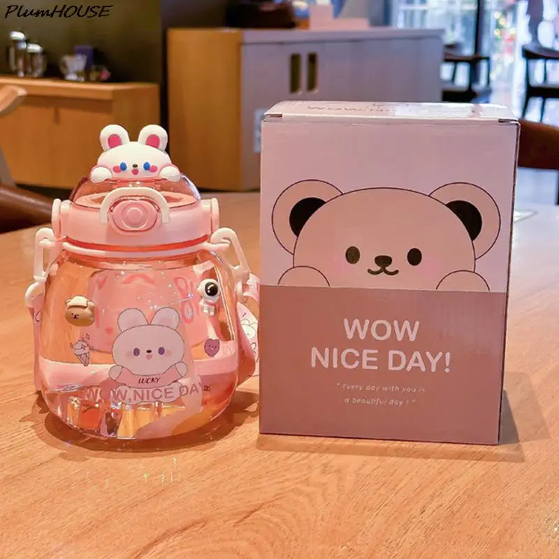 1pc 1000ml pink large capacity PC water bottle,portable cute bear shaped  straw cup,for home and outdoor travel