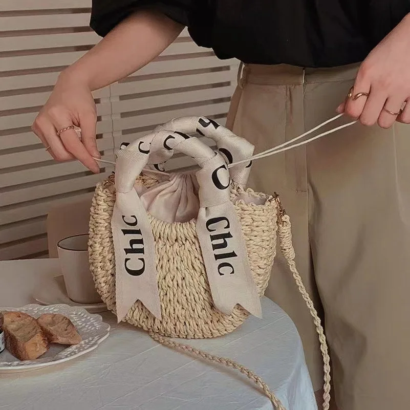 Letter Scarf Crossbody Straw Woven Bag for Women's New Summer Handheld Versatile Woven Bag for Beach Vacation