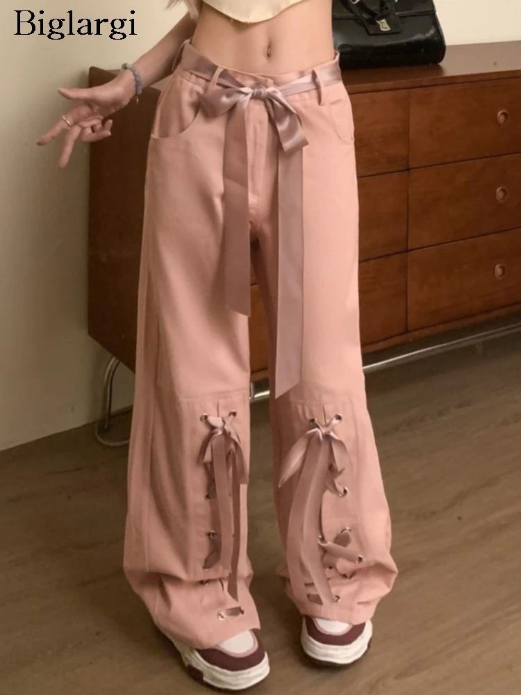 

Spring Summer Pink Long Cargo Pant Women High Waist Modis Korean Style Loose Pleated Ladies Trousers Casual Woman Straight Pants