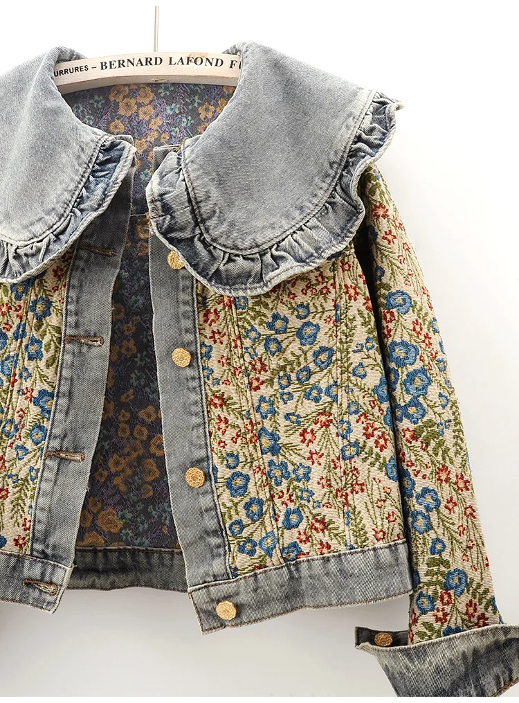 Stylish Autumn Denim Jacket with Jacquard Embroidery and Peter Pan Collar for Women-vestes novas