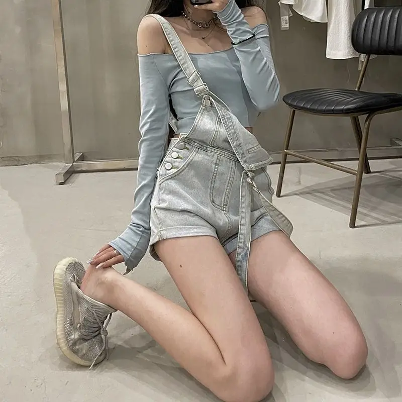 

Denim Braces Shorts Multiple Pockets Korean Version Of Loose Women 2024 Summer New Slimming Design Feeling Wide Leg Shorts Tide