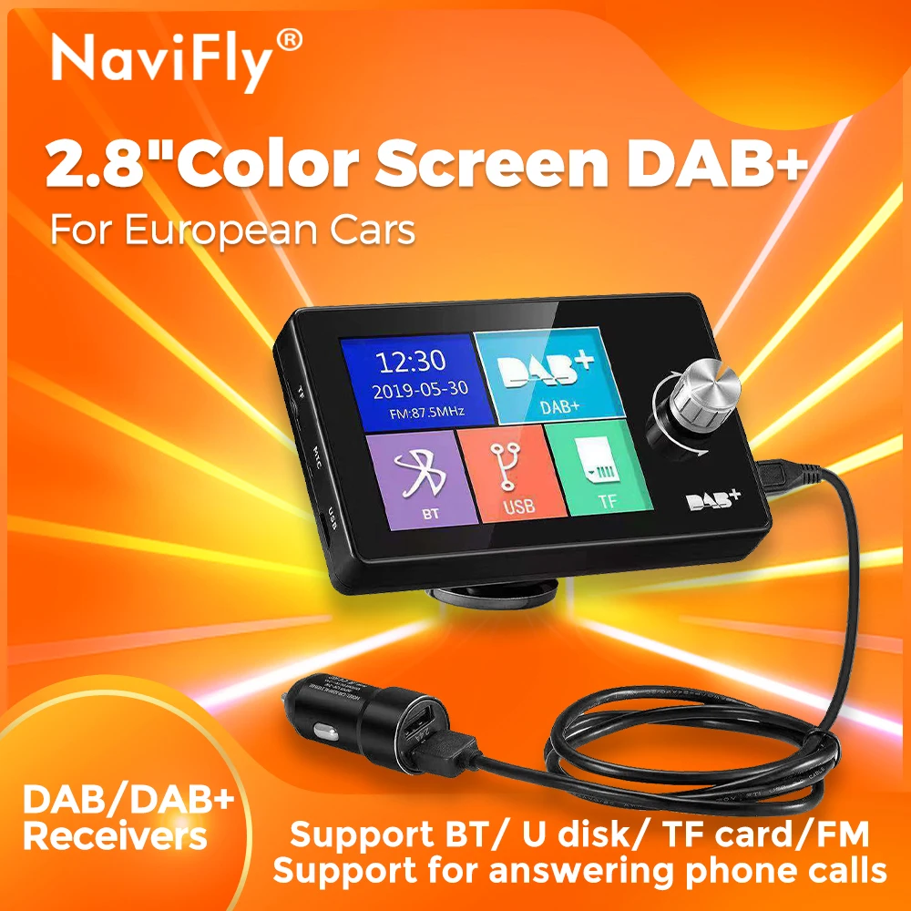 Navifly 2,8-дюймовый DAB + цветной ЖК-цифровой радиоприемник для европейских автомобилей с поддержкой USB/FM/TF/AUX/MCX/BT