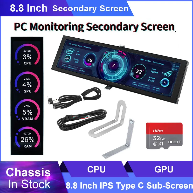 Tela Secundária Ips de 88 Polegadas tipo c Tela de Exibição Cpu Gpu Ram Monitor de Computador Usb Ips Dislay Turing Tela Inteligente sem Necessidade Aida64