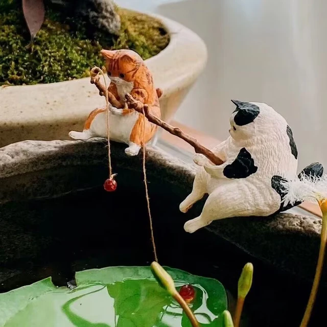 Cute Fishing Cat Fishbowl Fishing Figure Fisherman Figurine Cat Fishing Rod  Seals Figures Cat Decoration Interior Accessories