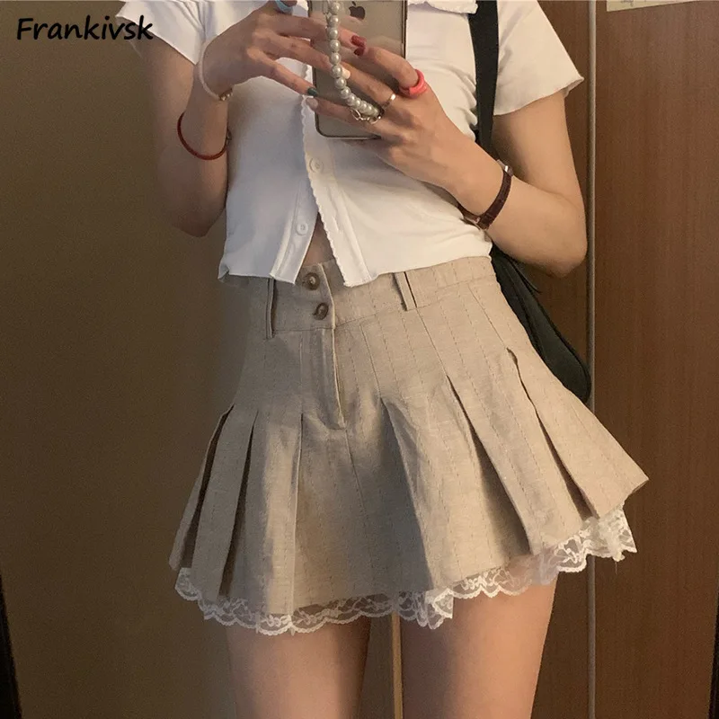 

Pleated Skirts Women Lace-design Streetwear Korean Preppy Style Mini Summer Spicy Girls High Waist All-match A-line College Chic