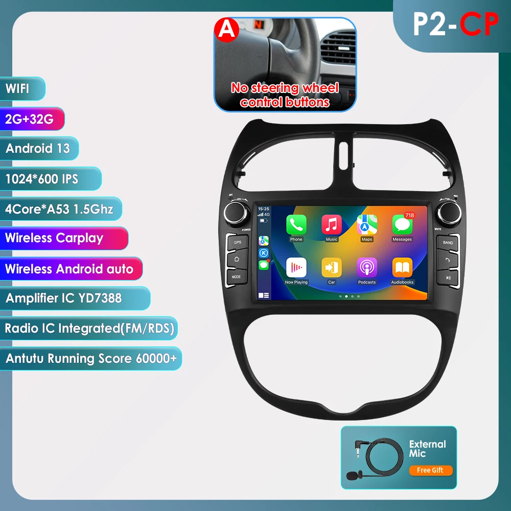 Autoradio Android 13 Per Peugeot 206/C2 - 7 Pollici, CarPlay Wireless, GPS, Retro Camera - Foto 3