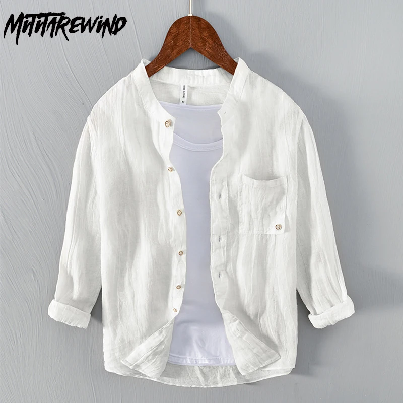 

Chinese Style Linen Shirt Men Daily Casual Shirts Distressed Three-Quarter Sleeve Shirt Breathable Top Fashion Mens Clothing