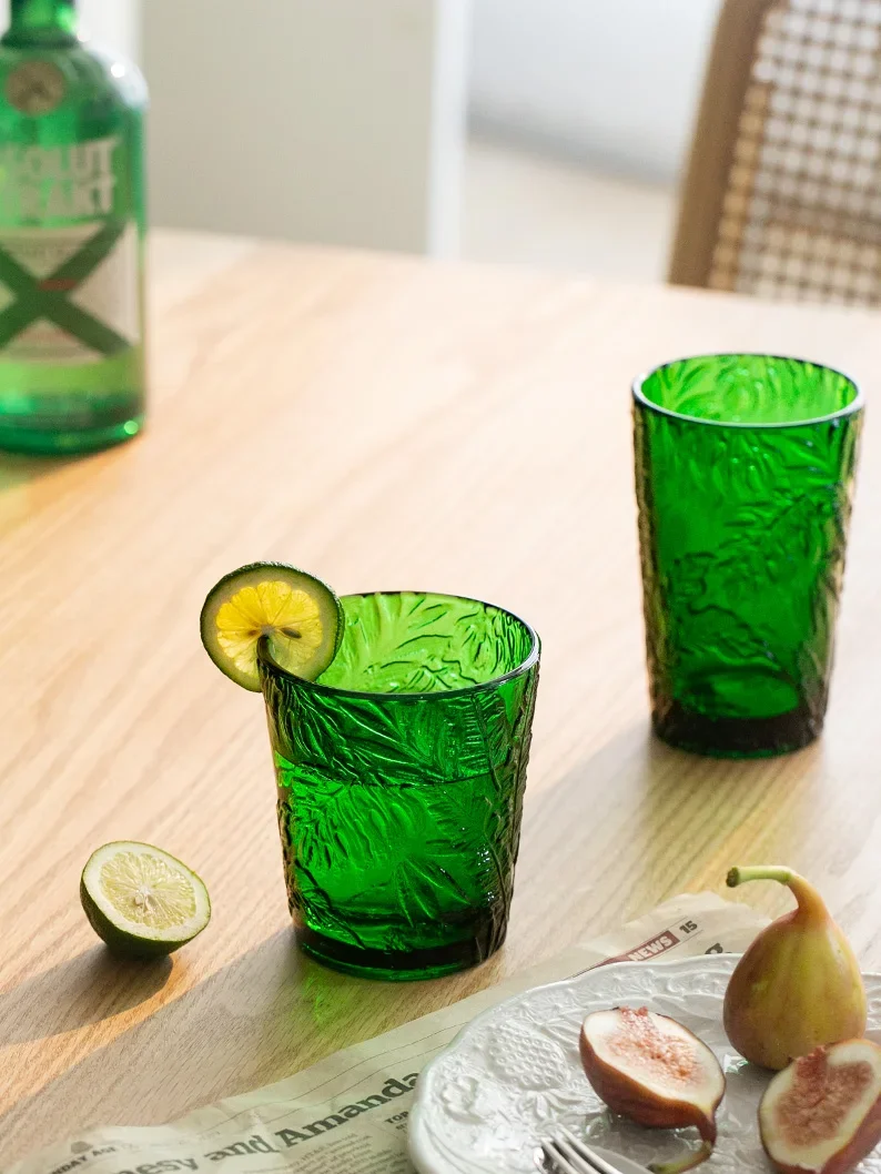 1 Piece Vintage Embossed Green Glasses Goblet Heavy Thick Dessert Wine Glasses Goblets Stemware Side Water Whiskey Glass Cup
