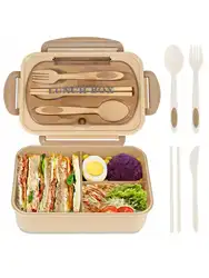 Deluxe Bento Lunch Box Set with Utensils and Sauce Jar - Microwave & Dishwasher Safe - 1200ml (Brown)