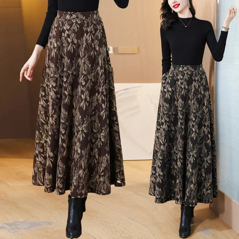 

2024 New Spring Autumn Elegant Jacquard Skirt Winter Skirts Women's Clothes Vintage High Waisted mother's Pleated Floral Skirt