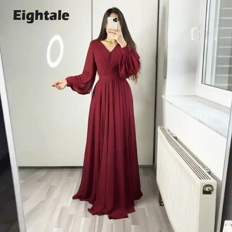 

Eightale Burgundy Evening Dress for Wedding Party Satin V-Neck Long Puffy Sleeves Chiffon Arabic Prom Gowns Celebrity Gown