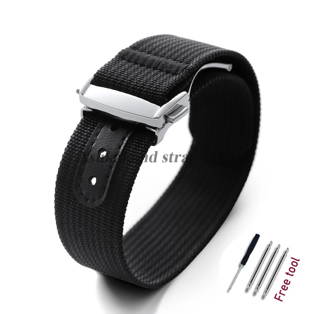 Black Nylon Watch Band with Folding Buckle – 20mm Military Sports Fabric Strap