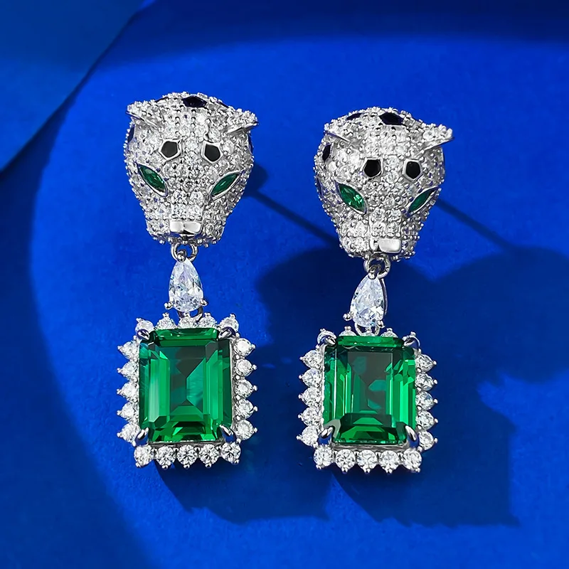 

Luxury Solid 925 Sterling Silver Black Spot Leopard Head Emerald Green Stone Panther Dangle Earrings Fine Jewelry Women