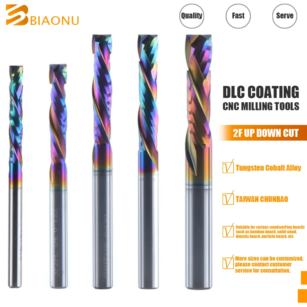 

Biaonu 1pc 3.175/4/6mm Carbide CNC Router Milling Tools Cutter Up Down Cut DLC Coated 2 Flutes Spiral Compression Wood End Mill