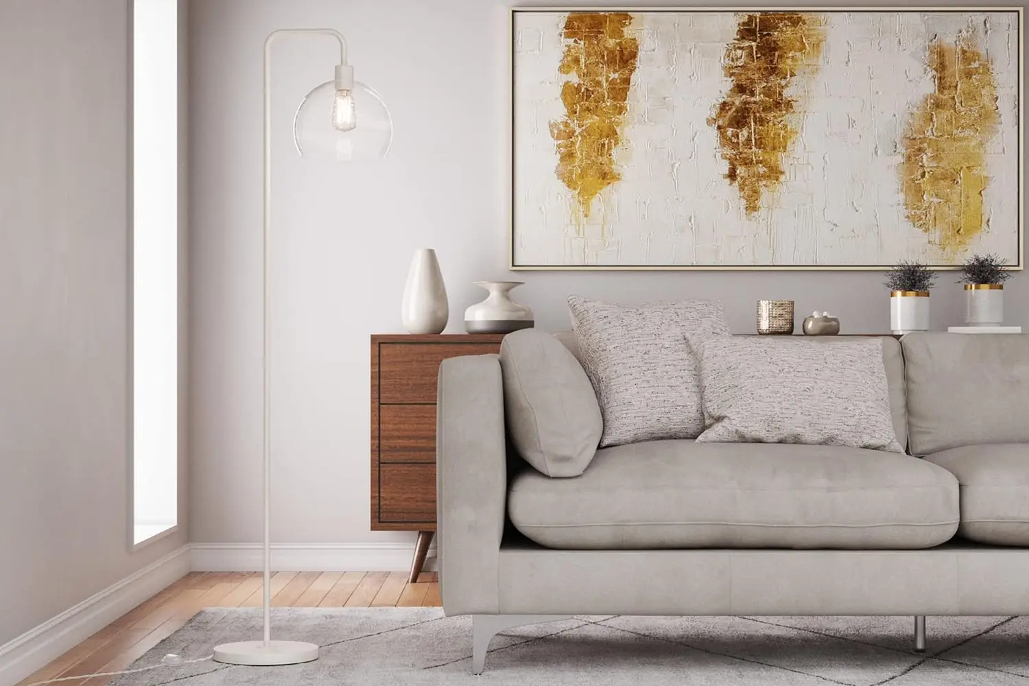 

Glossy White Floor Lamp w/Slim-line Arched Design, Clear Seeded Glass Shade, & Edison Bulb