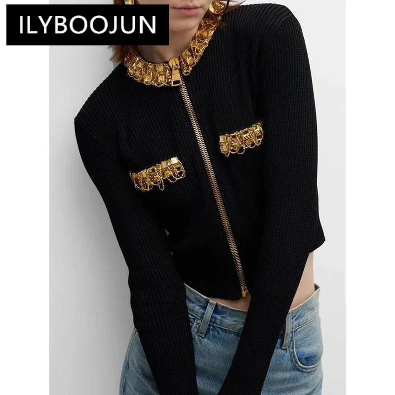 Black Knit Long Sleeve Pullovers Women Fashion Spring New Handmade Diamond Neck Zipper Oversize Knitted Sweater