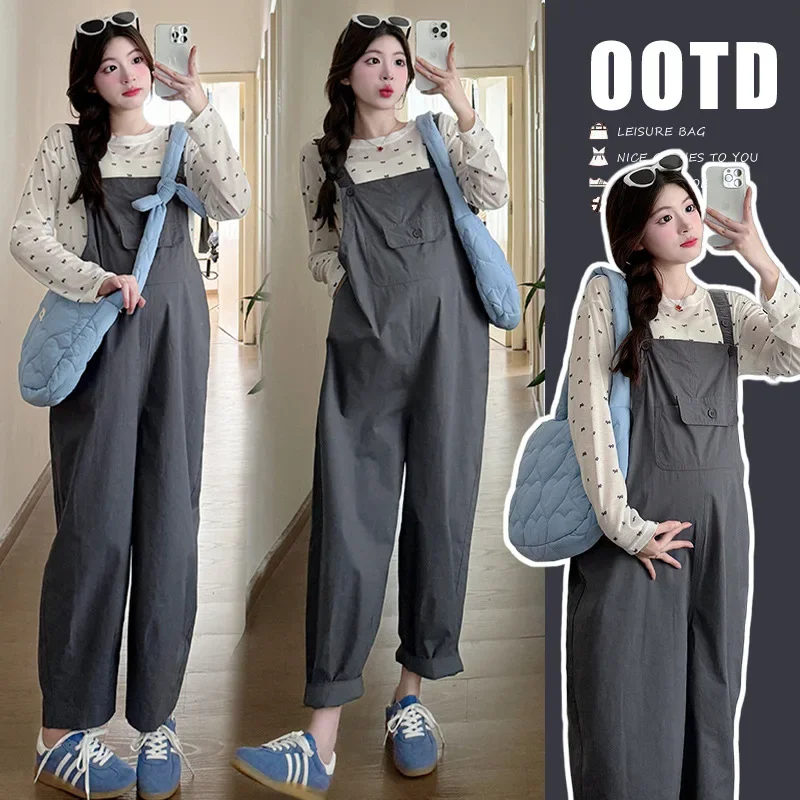 Fashionable Maternity Clothes Autumn Korean Casual Simplebib Pants Bow Top Suit Pregnant Women Clothing Set