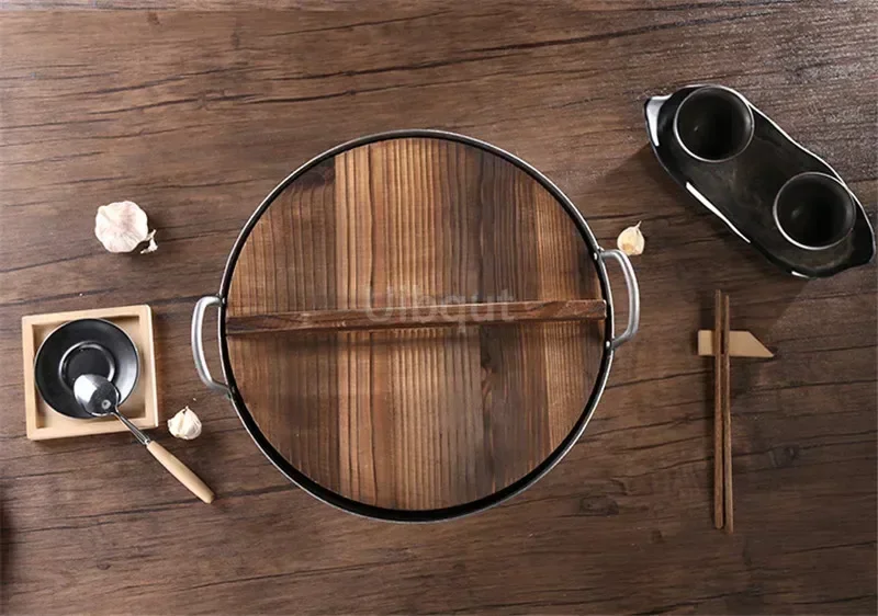 Wooden Pot Cover Wok Lid Handmade fir anti-scalding hypotenuse iron wood lid iron wok wooden pan wooden pot lid