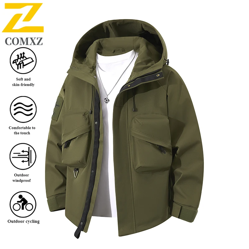 Men's Spring Autumn Workwear Korean Style Jacket Windproof Breathable Hooded Parka with Multi-Pockets for Outdoor Casual Wear