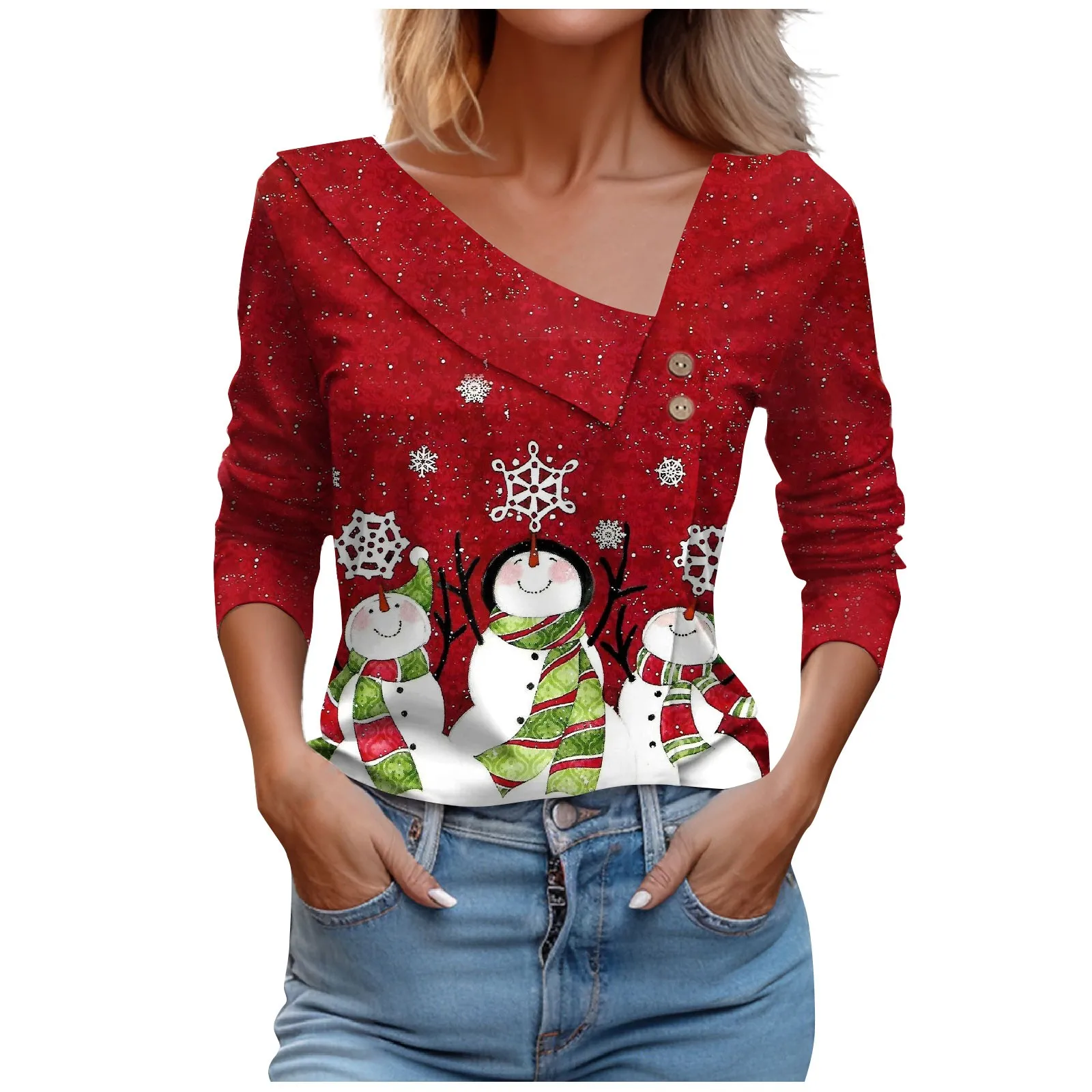 

Футболка с косым воротником и длинными рукавами, приталенные рождественские топы, Женский Повседневный пуловер с принтом снега, женская одежда, новинка 2023