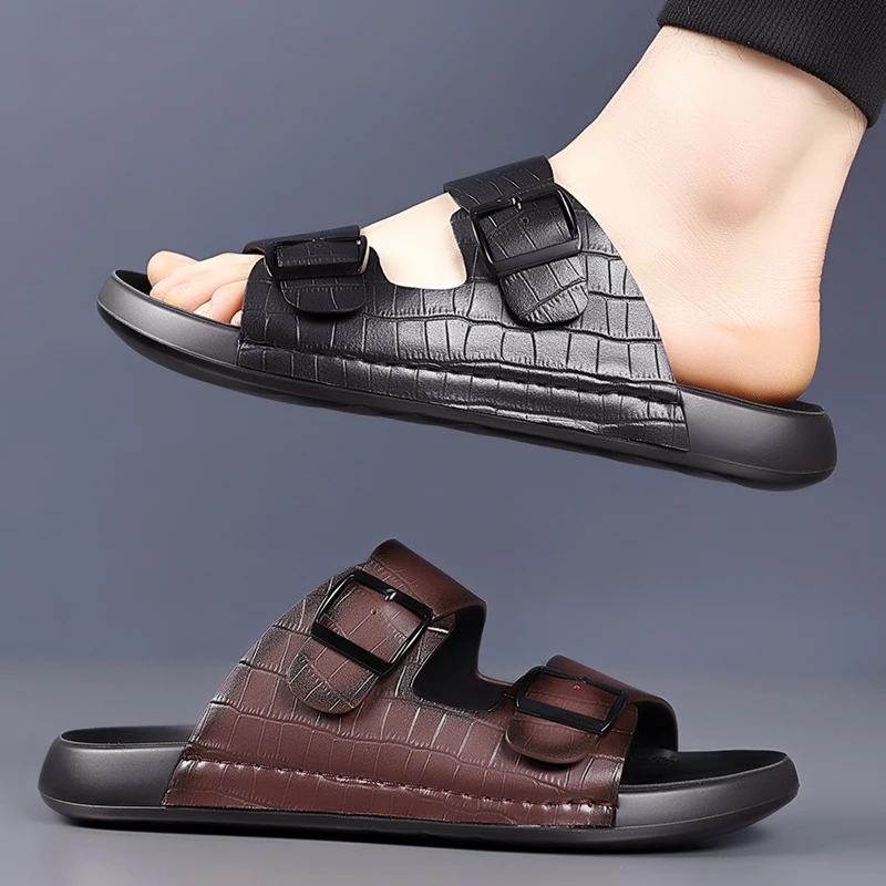 Fashionable Men's Leather Casual Shoes Handmade Soles Men's Slippers Versatile for Home Use Outdoor Anti Slip Beach Shoes