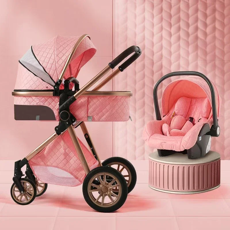3-in-1 high landscape baby stroller + safety basket for sitting and lying lightweight folding two-way shock-absorbing 0-3 years old